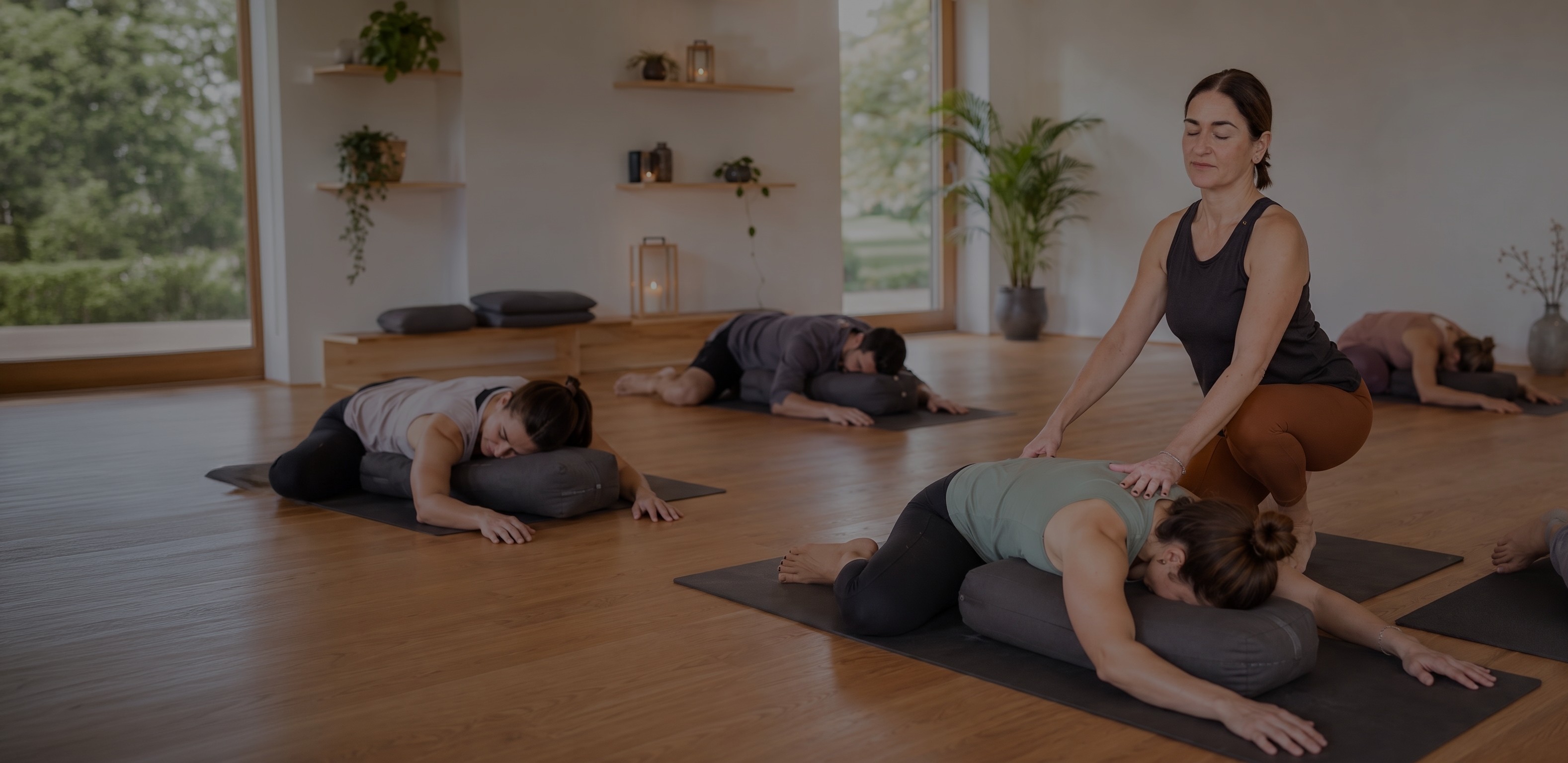Allieve in una pratica di Yin Yoga in uno studio caldo e luminoso